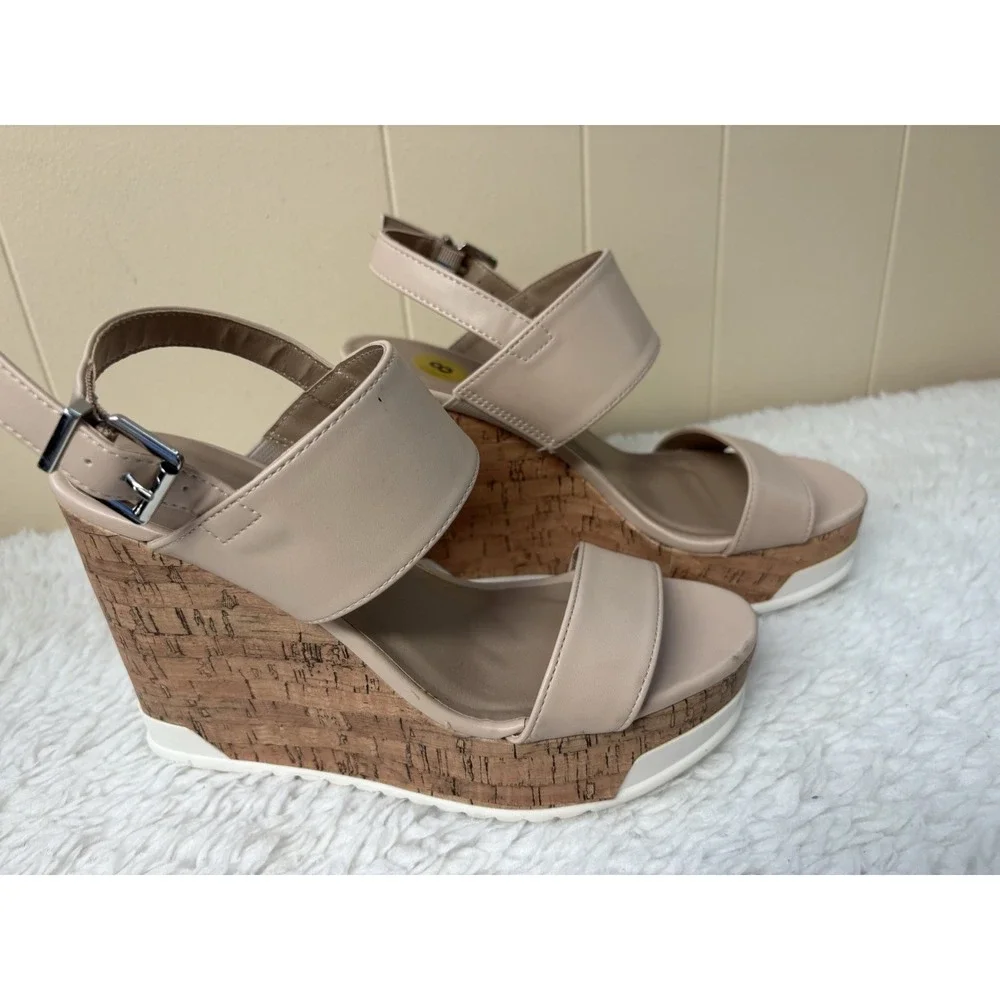Nude‎ Faux Leather Cork Wedge Platform Sandals Buckle Ankle Strap Beige 8M